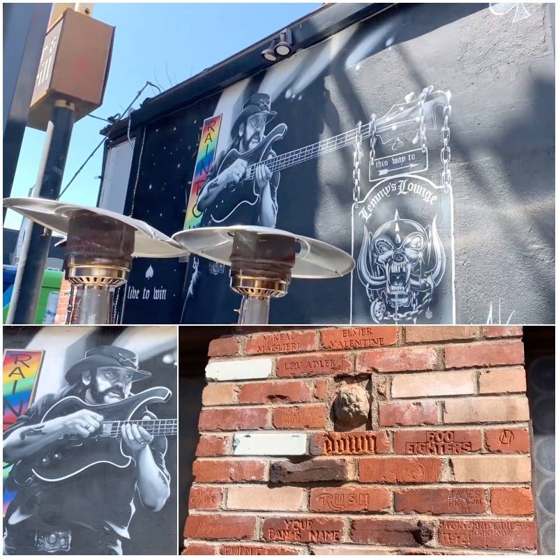 murales de Lemmy en el Rainbow y muro con nombres de grupos