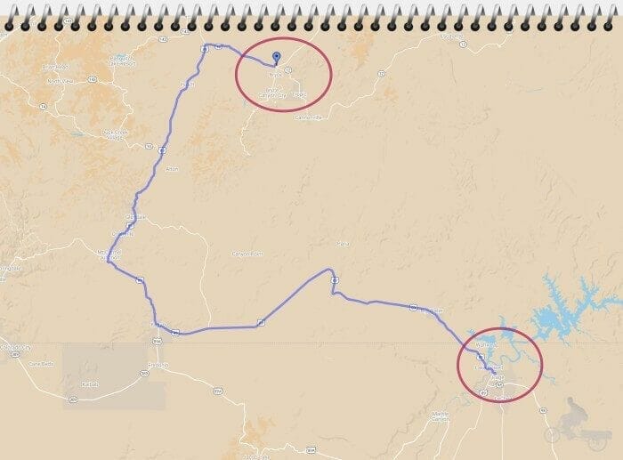 mapa del lago powell a Bryce 