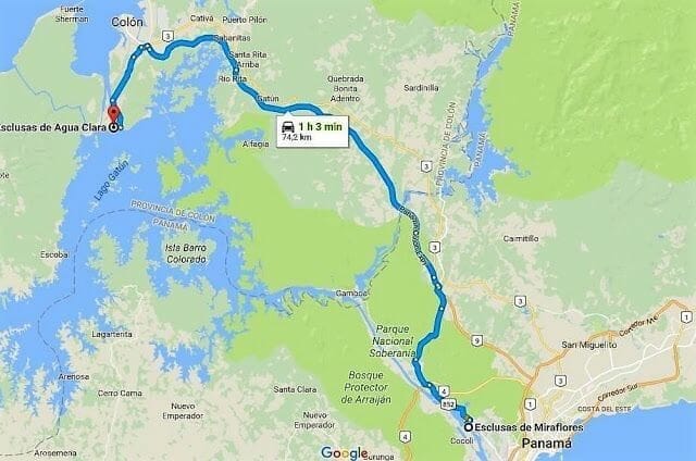 mapa cómo ir de la esclusa de Miraflores a Agua Clara