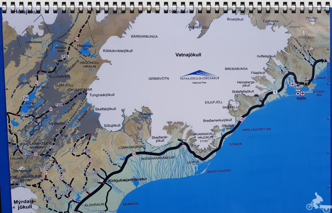 mapa vatnajokull y Parque nacional Skaftafell Islandia