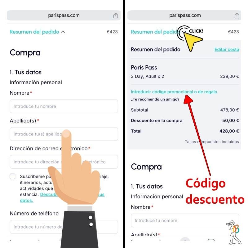 Cómo aplicar los códigos de descuento del Paris Pass en la versión móvil