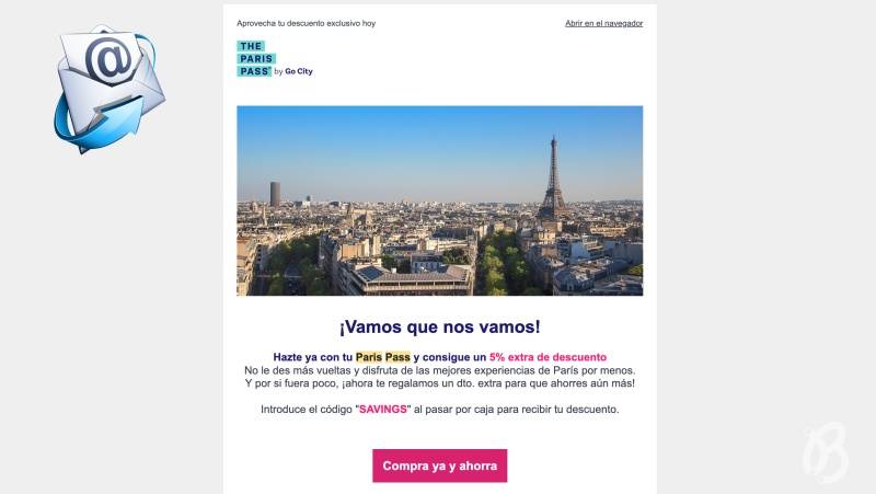 Correo promocional del Paris Pass ofreciendo un descuento