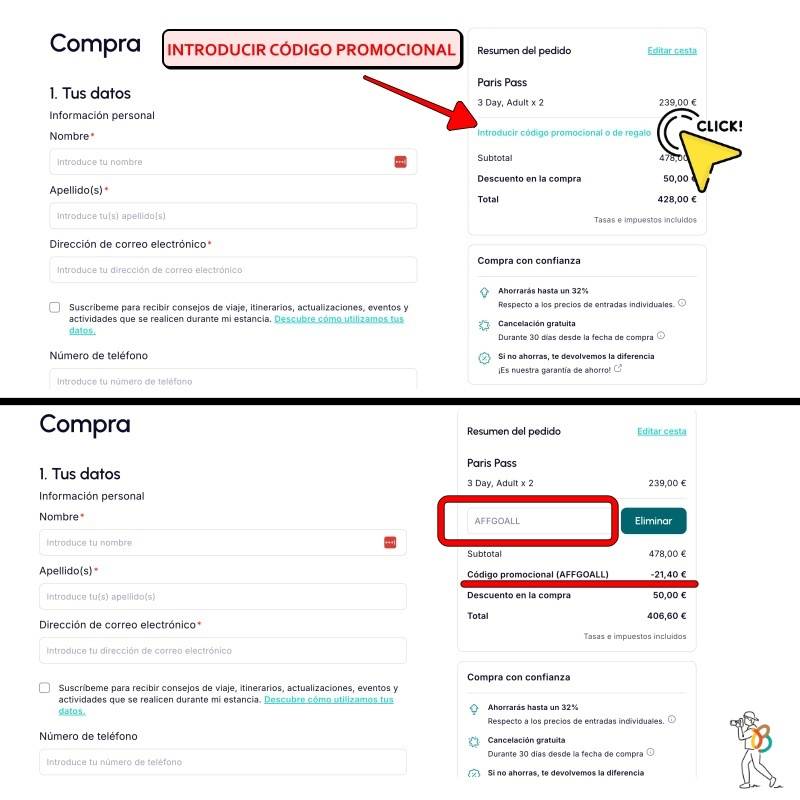 Dónde aplicar el código de descuento o promocional del Paris pass
