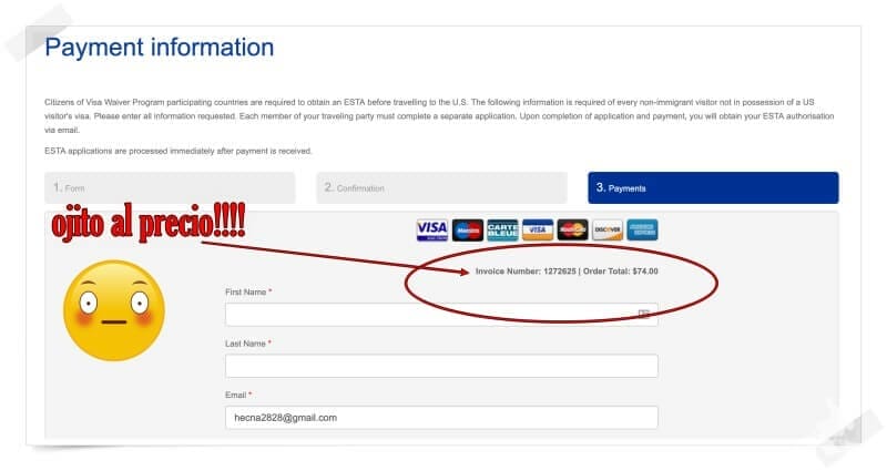 precio ESTA en página no oficial
