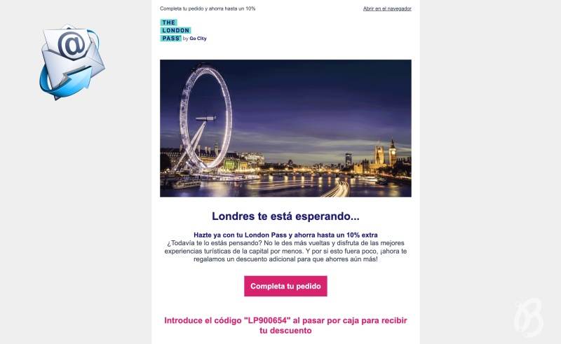 Correo promocional del London Pass ofreciendo un descuento