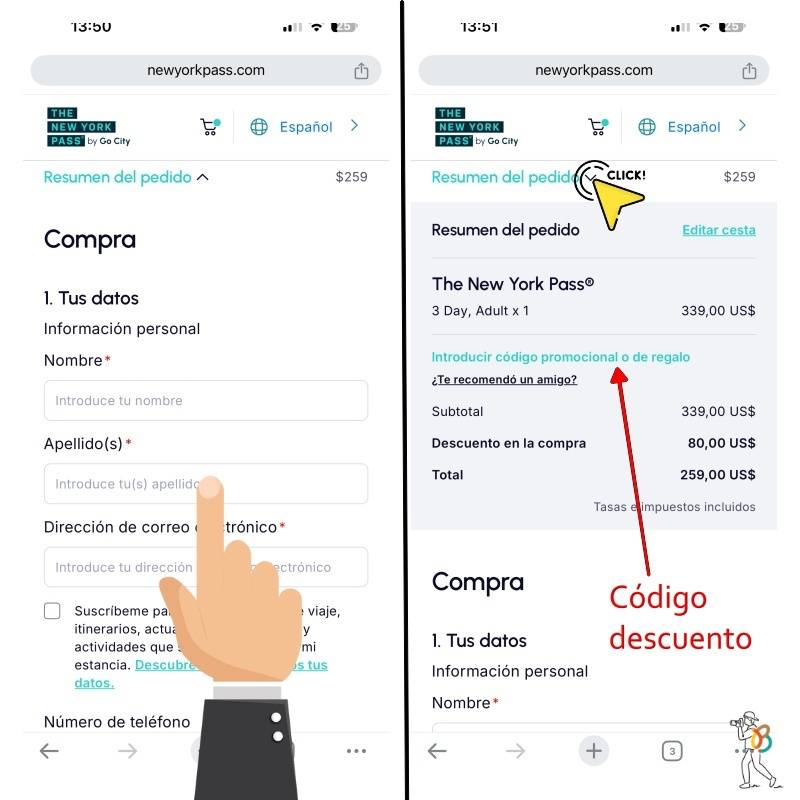 Cómo aplicar los códigos de descuento del New York Pass en la versión móvil