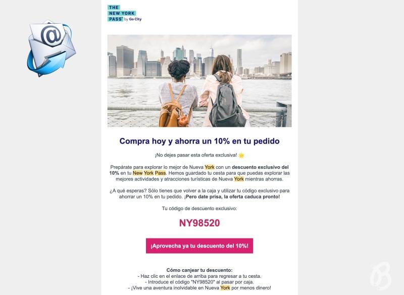 Correo promocional del New York Pass ofreciendo un descuento