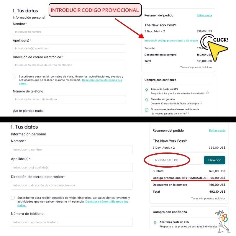 Dónde aplicar el código de descuento o promocional del New York pass