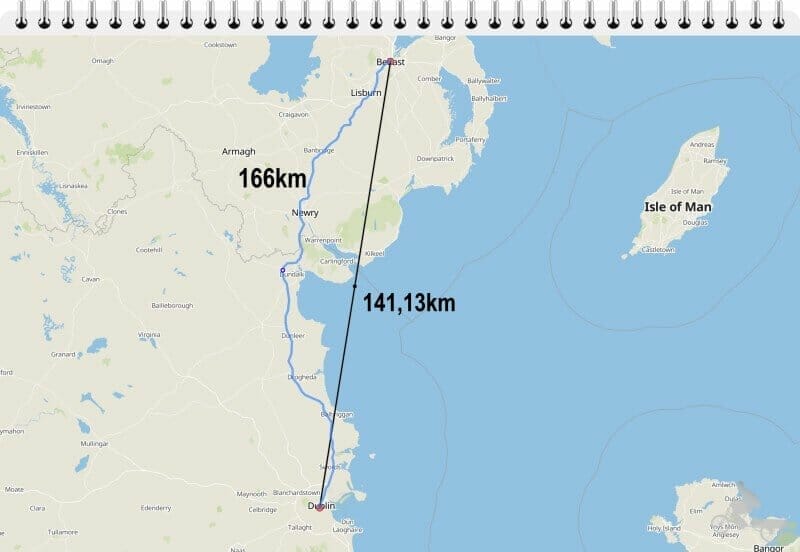 distancia belfast dublin linea recta mapa