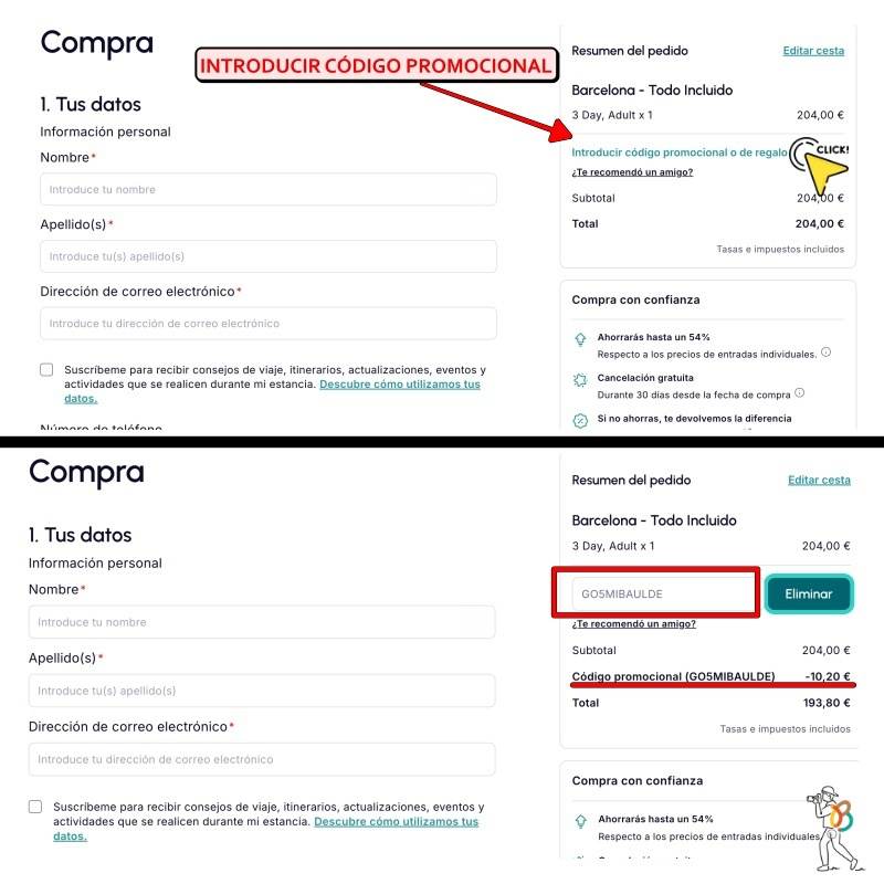 Dónde aplicar el código de descuento o promocional del Go City