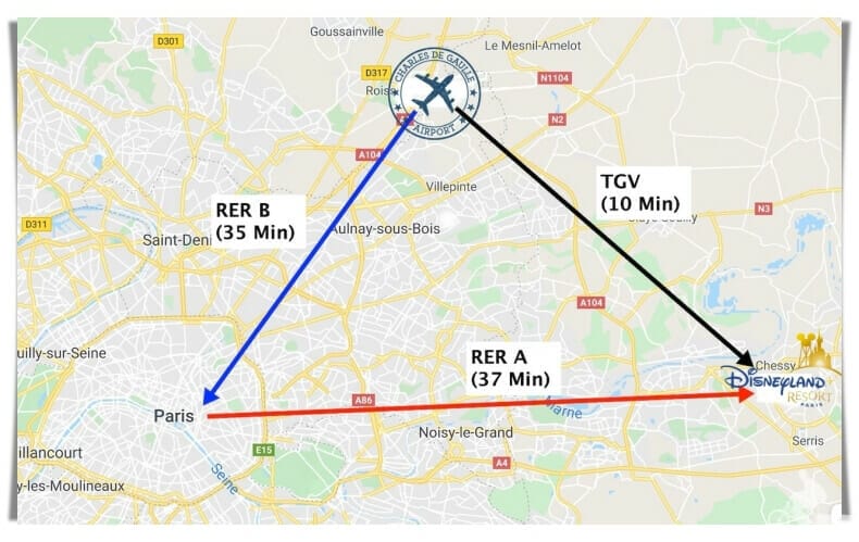 distancias París aeropuerto CDG y disney