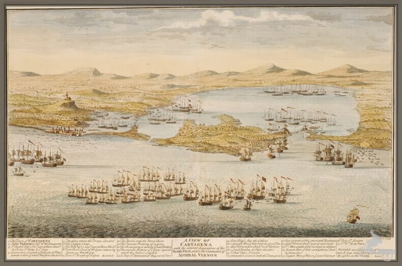 dibujo de la bahía de Cartagena de Indias en 1741