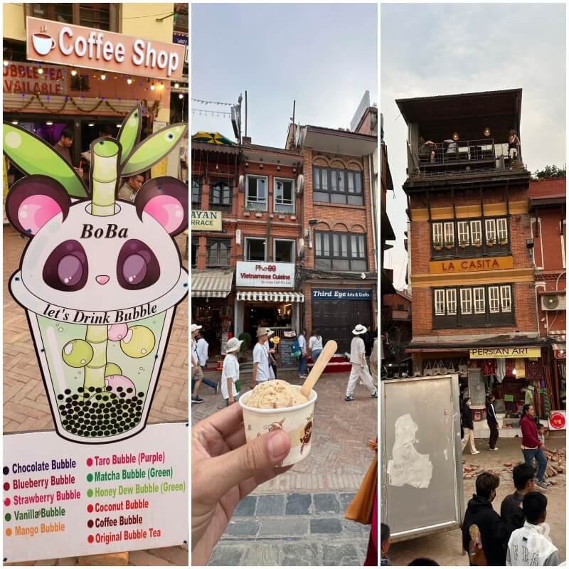 restaurantes de la plaza donde se encuentra la Gran estupa de Katmandu