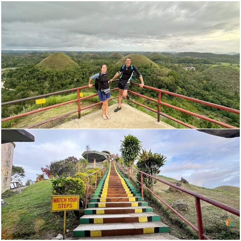 escaleras y vistas desde la cima del mirador a las Chocolate Hills de Filipinas